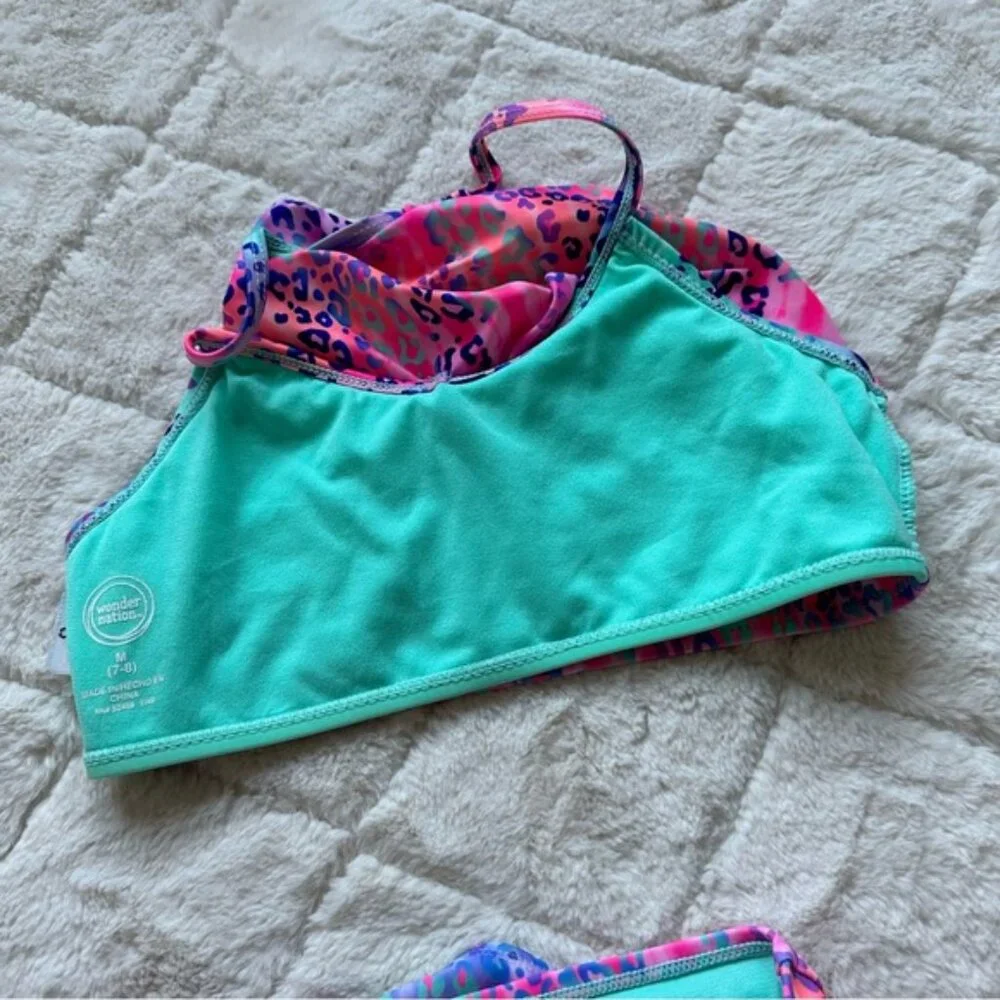 Wonder Nation | Pink and Blue Ombre Cheetah Print Flounce Bikini Set | Size 7/8